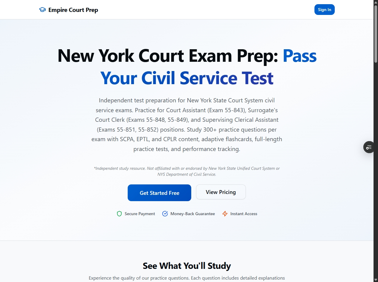 Screenshot of the Empire Court Prep landing page