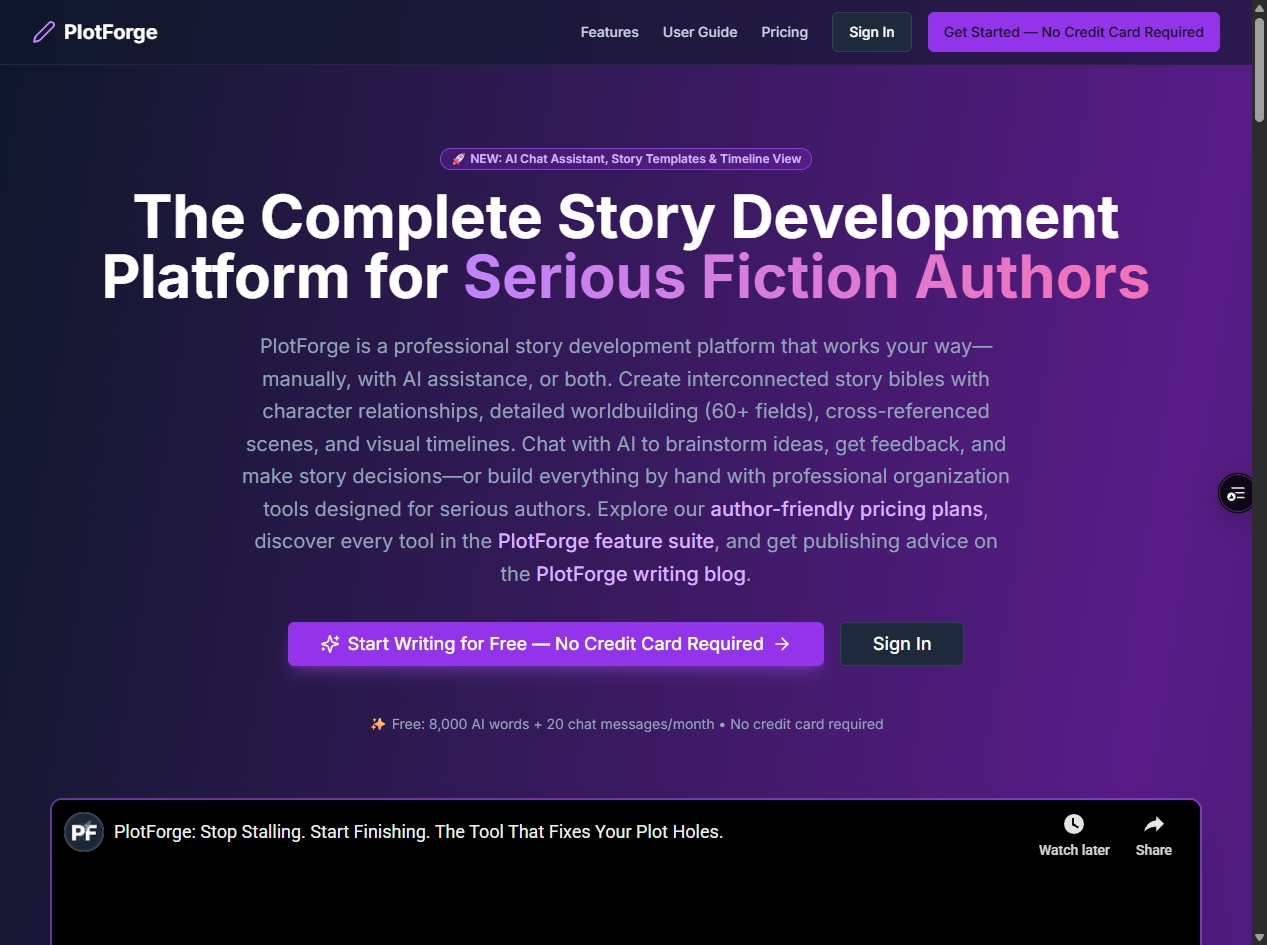 Screenshot of the PlotForge landing page