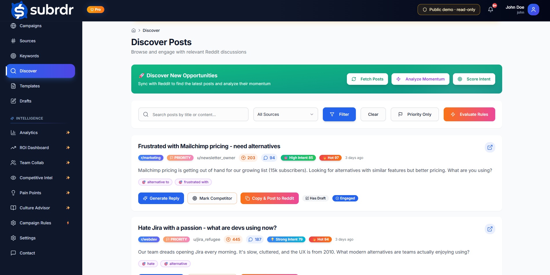 Screenshot of Subrdr's real-time Reddit intent dashboard